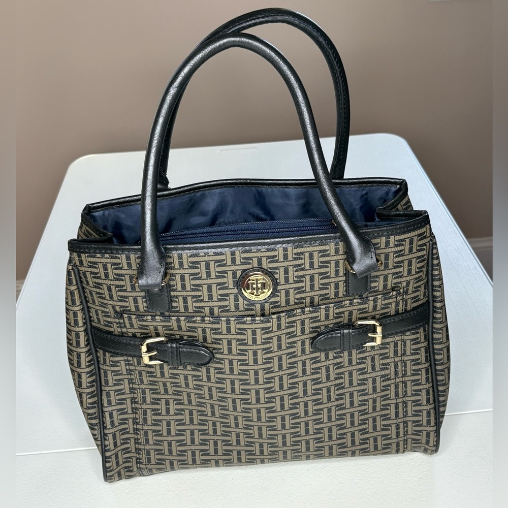 TOMMY HILFIGER Handbag Brown Bowler Satchel Tote Carry Purse Shoulder Bag‎